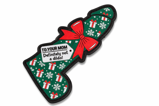 Funny Your Mom Dildo Christmas PVC Morale Patch – Rude Xmas Gift Tag Design – Tactical Velcro Patch UK