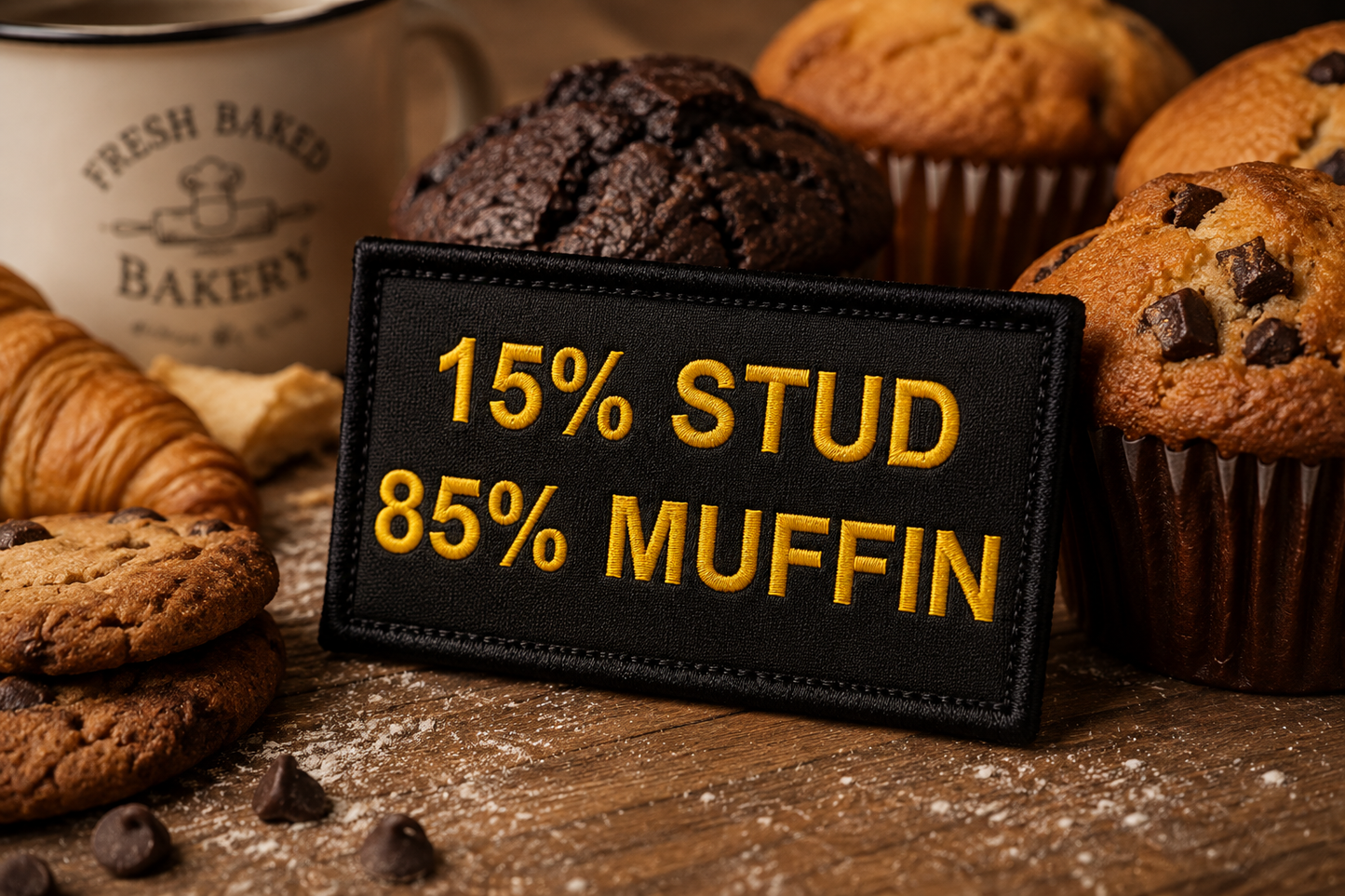 15% Stud 85% Muffin Embroidered Morale Patch | Funny Hook & Loop Badge