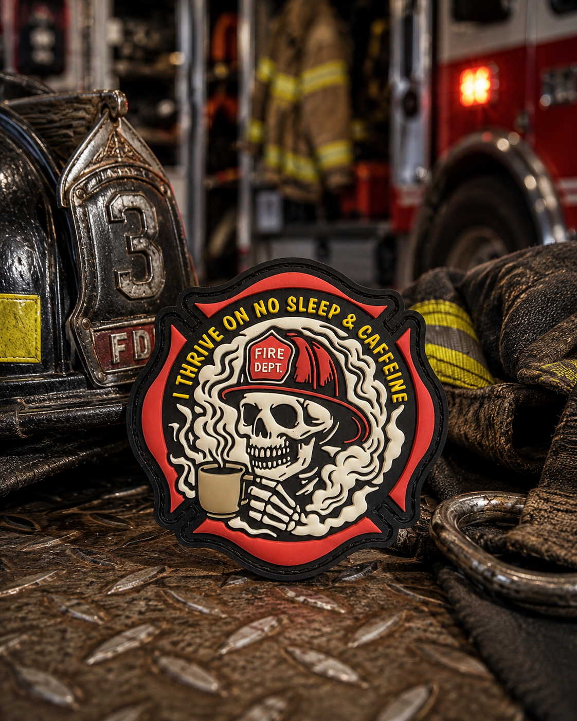 I Thrive On No Sleep & Caffeine Firefighter PVC Morale Patch | Fire & Rescue Coffee Skull