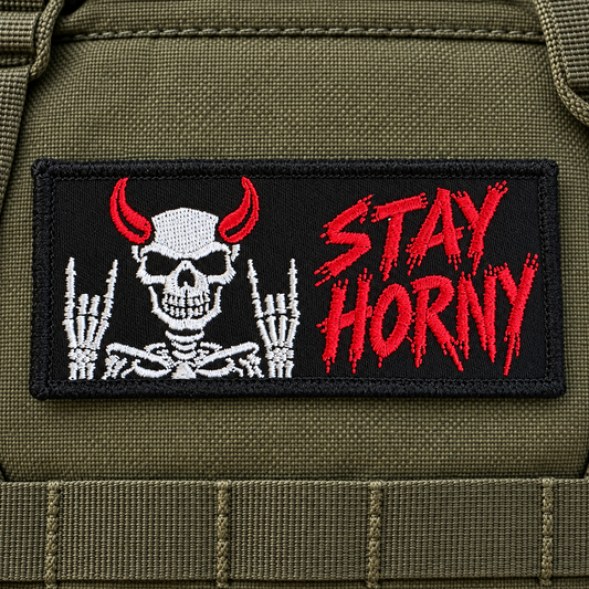 Stay Horny Skeleton Embroidered Morale Patch | Funny Tactical Patch
