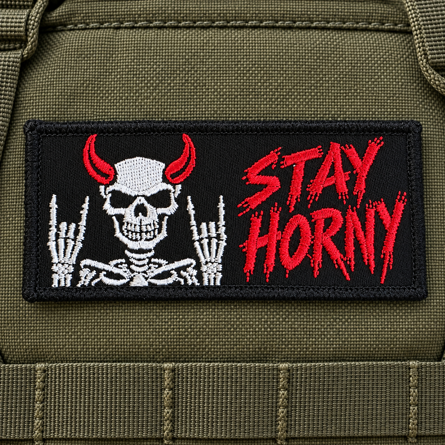 Stay Horny Skeleton Embroidered Morale Patch | Funny Tactical Patch