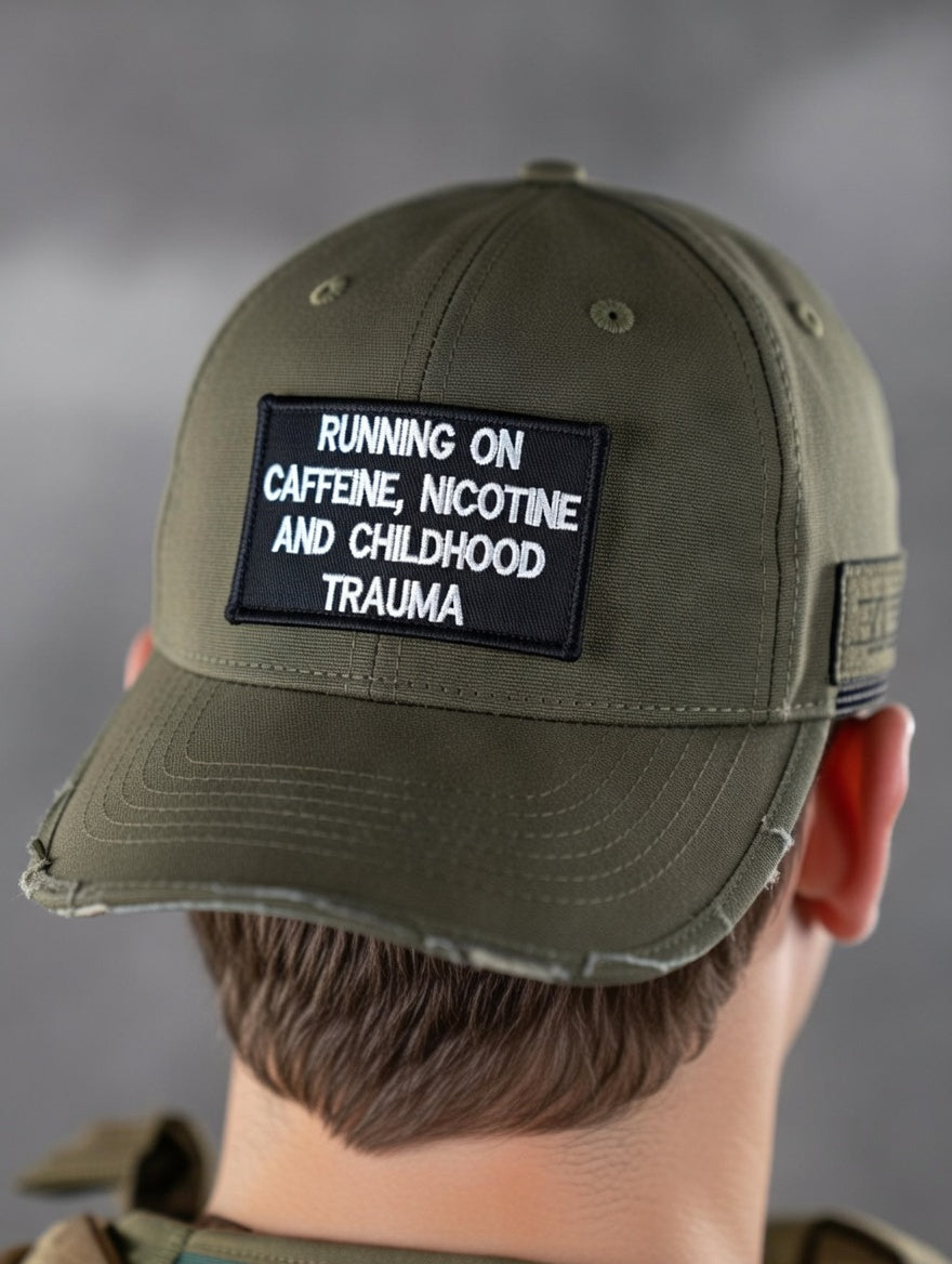 Running On Caffeine Nicotine & Childhood Trauma Patch | Live Preview | Funny Tactical Morale Patch | Velcro Backed | 2"x3" | 2"x4" | 3"x6"