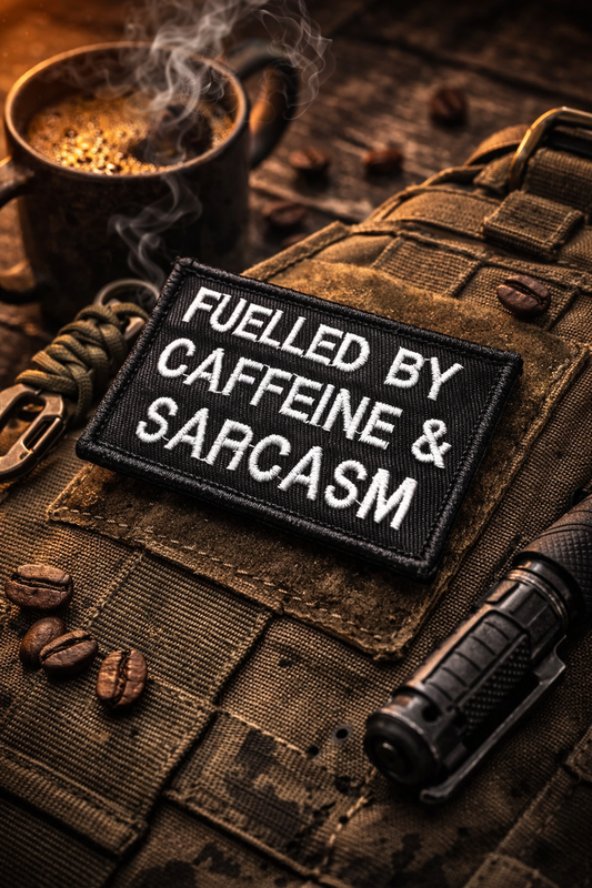 Fuelled By Caffeine & Sarcasm Patch | Live Preview | Funny Morale Patch 2"x3" | 2"x4" | 3"x6"