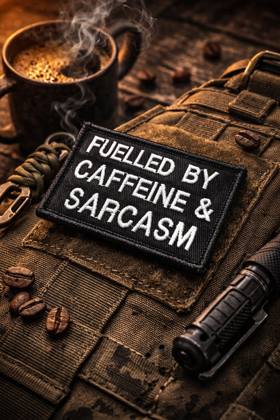 Fuelled By Caffeine & Sarcasm Patch | Live Preview | Funny Morale Patch 2"x3" | 2"x4" | 3"x6"