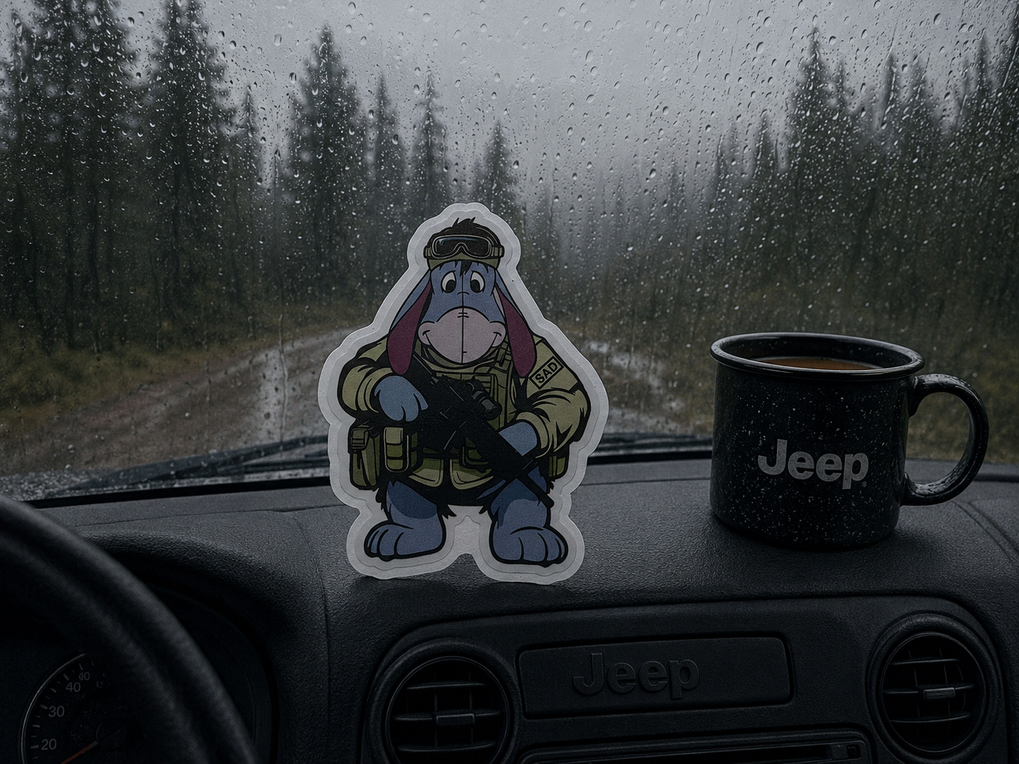 Tactical Sad Donkey Sticker | Rainy Day Operator Decal | Waterproof Vinyl Jeep Sticker