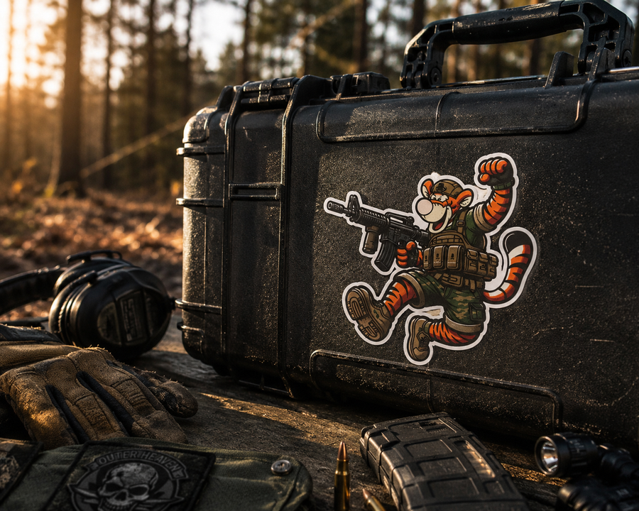 Tactical Tigger Sticker | Funny Military Cartoon Vinyl Decal – 11cm